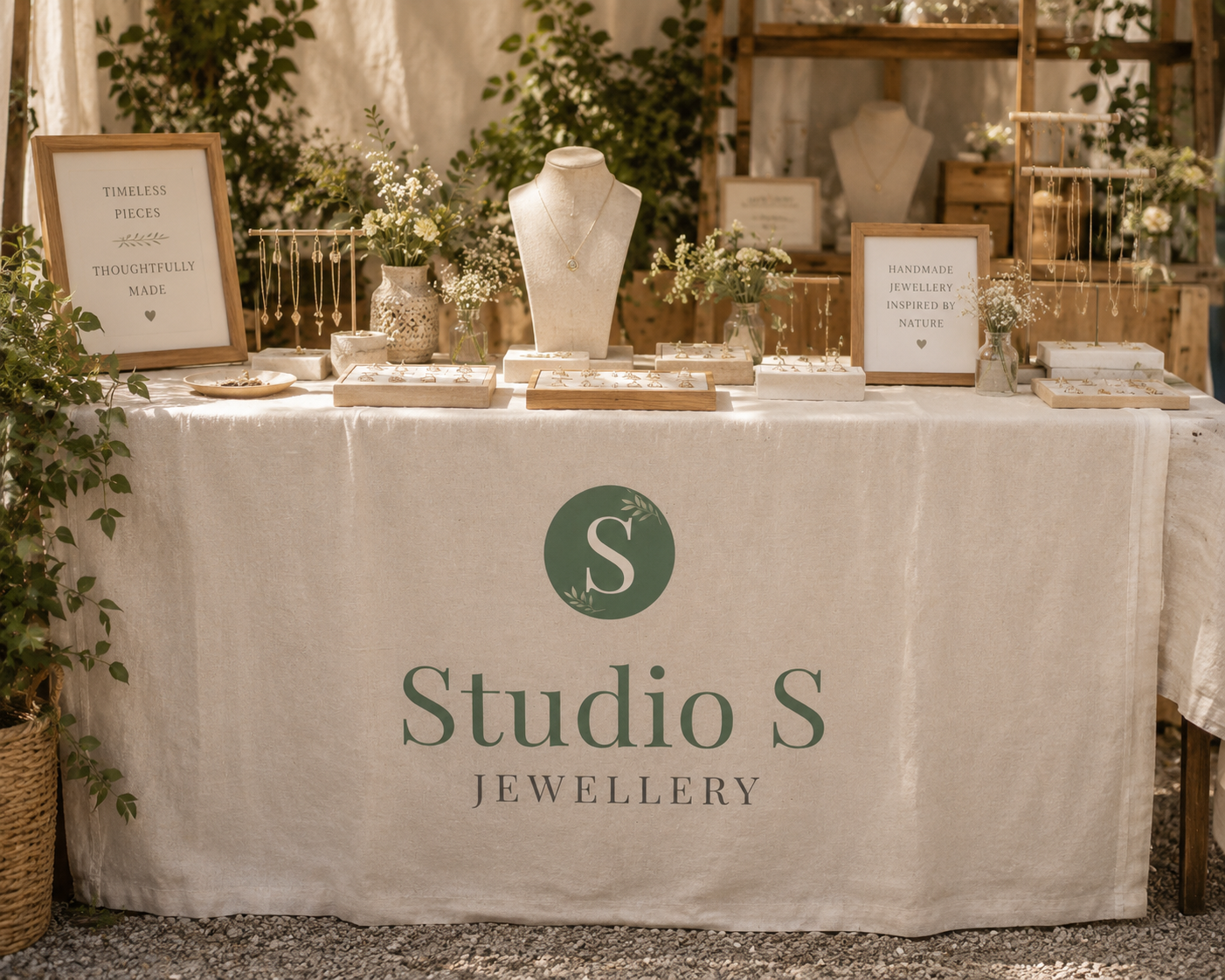 Studio S Jewellery close-up stall display with linen runner, jewellery display and branded stall styling by Moorside Studio