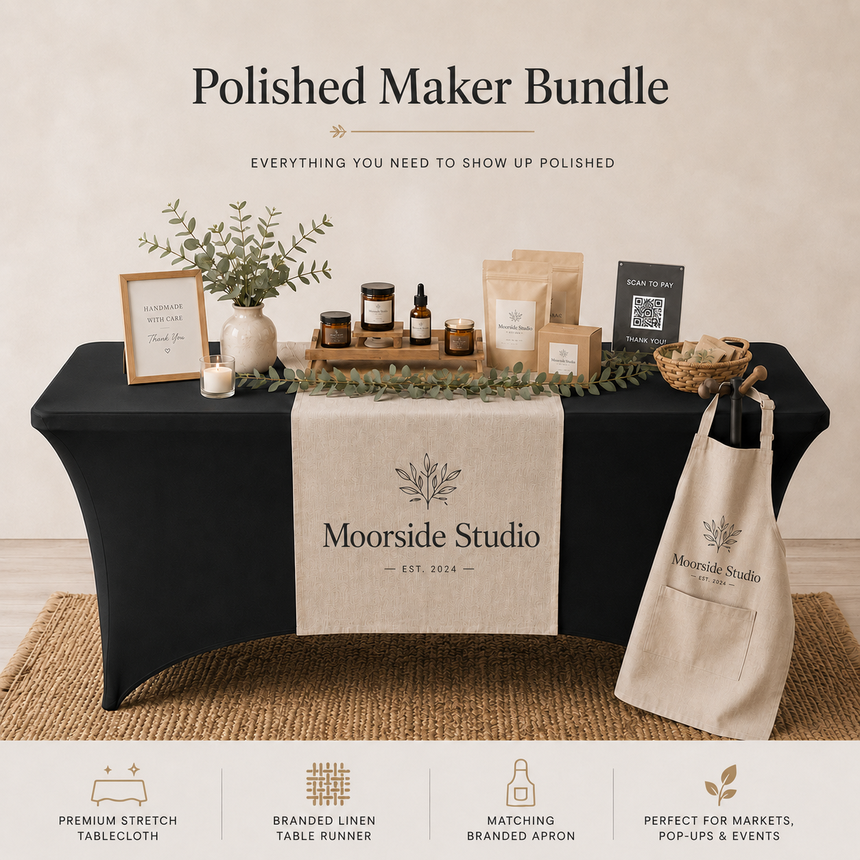 Moorside Studio polished maker bundle mockup showing branded apron and coordinated market styling
