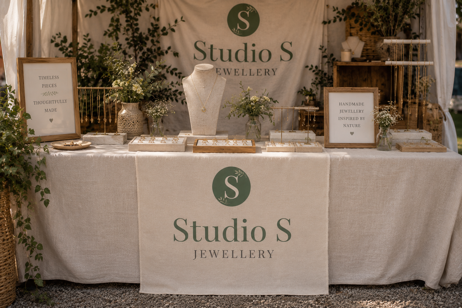 Studio S Jewellery full market stall setup with 65cm linen market runner and matching backdrop banner by Moorside Studio