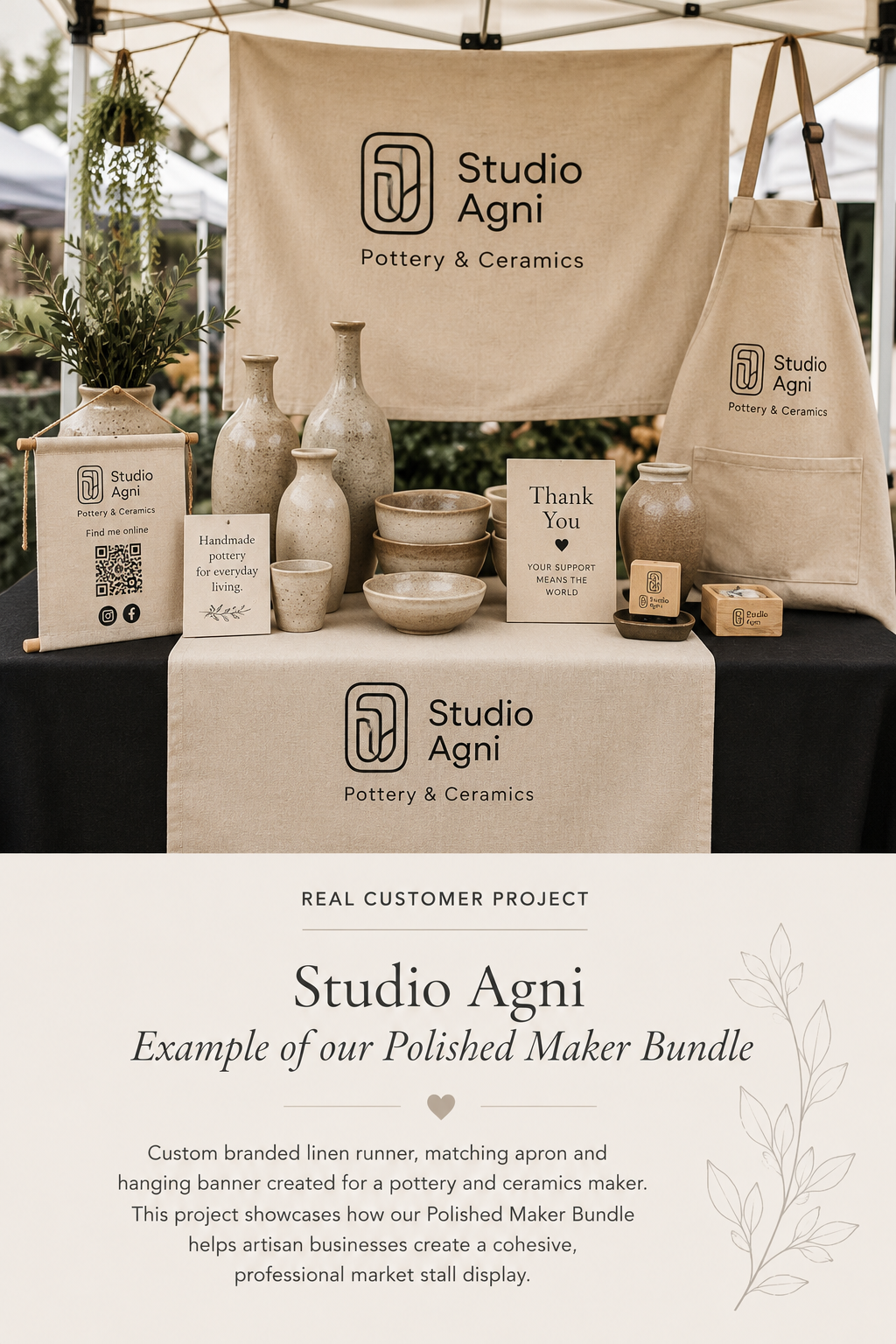 Studio Agni pottery and ceramics market stall with branded linen runner, matching apron and hanging linen banner by Moorside Studio